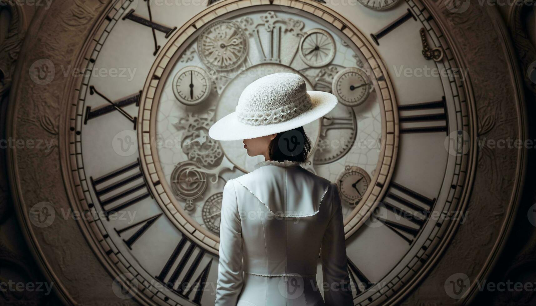 giovane donna nel Marrone completo da uomo orologi orologio generato di ai foto