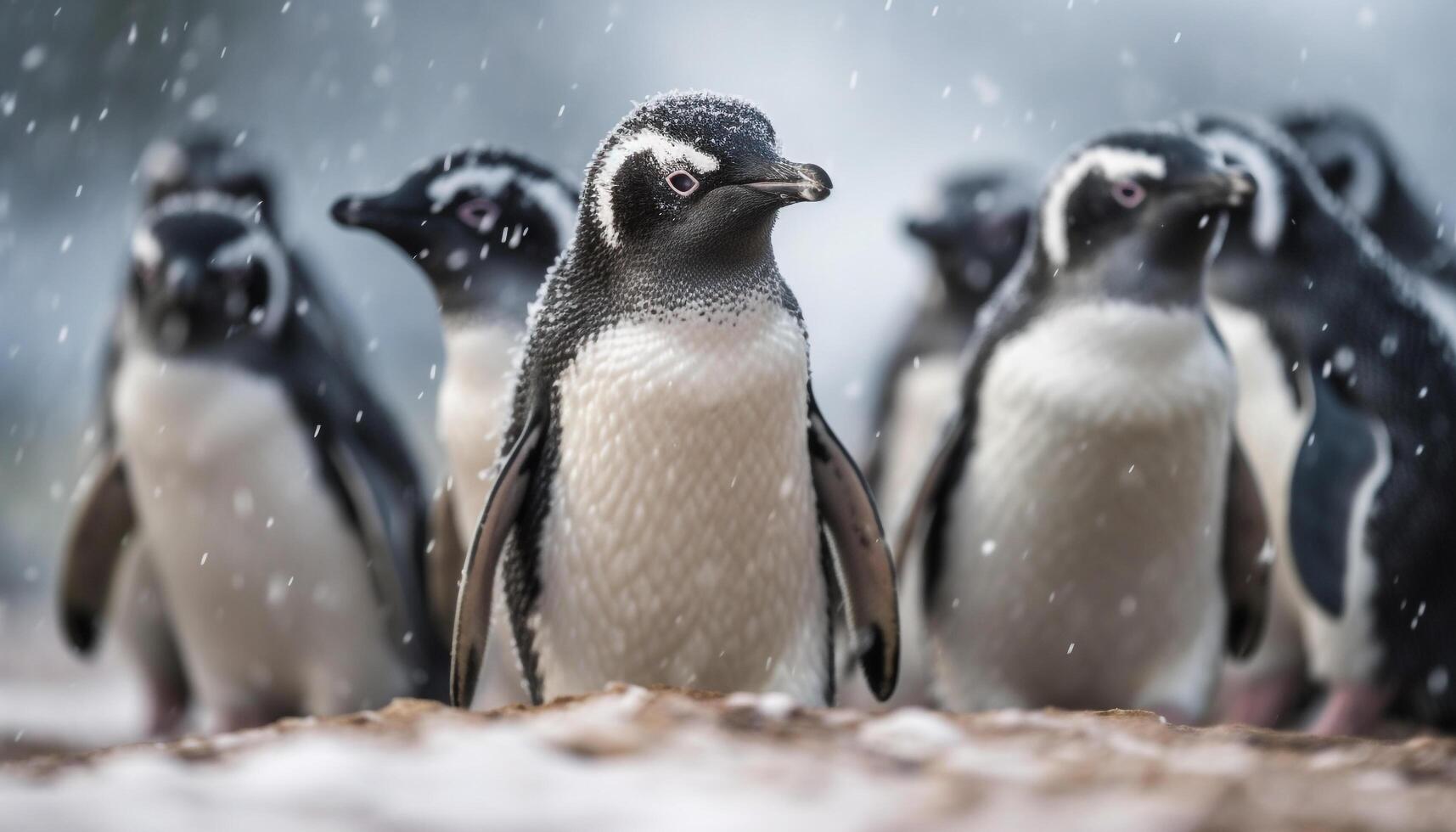 gentoo pinguini ondeggiante nel un' nevoso colonia generato di ai foto