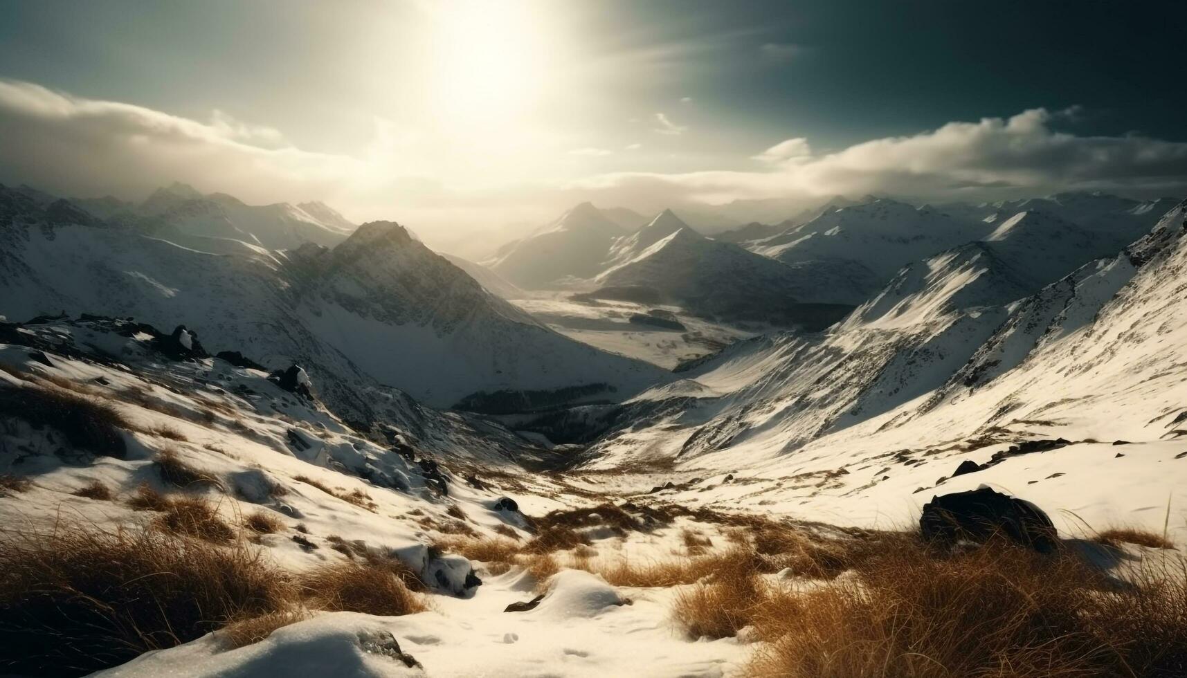 maestoso montagna gamma, tranquillo scena, congelato bellezza generato di ai foto