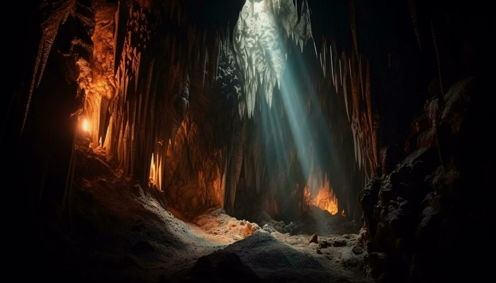 misterioso metropolitana grotta illuminato di spaventoso fiamme generato di ai foto