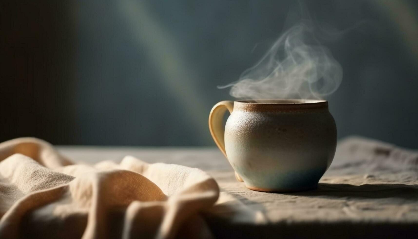 caldo caffè nel rustico ceramica ciotola, vapore crescente generato di ai foto