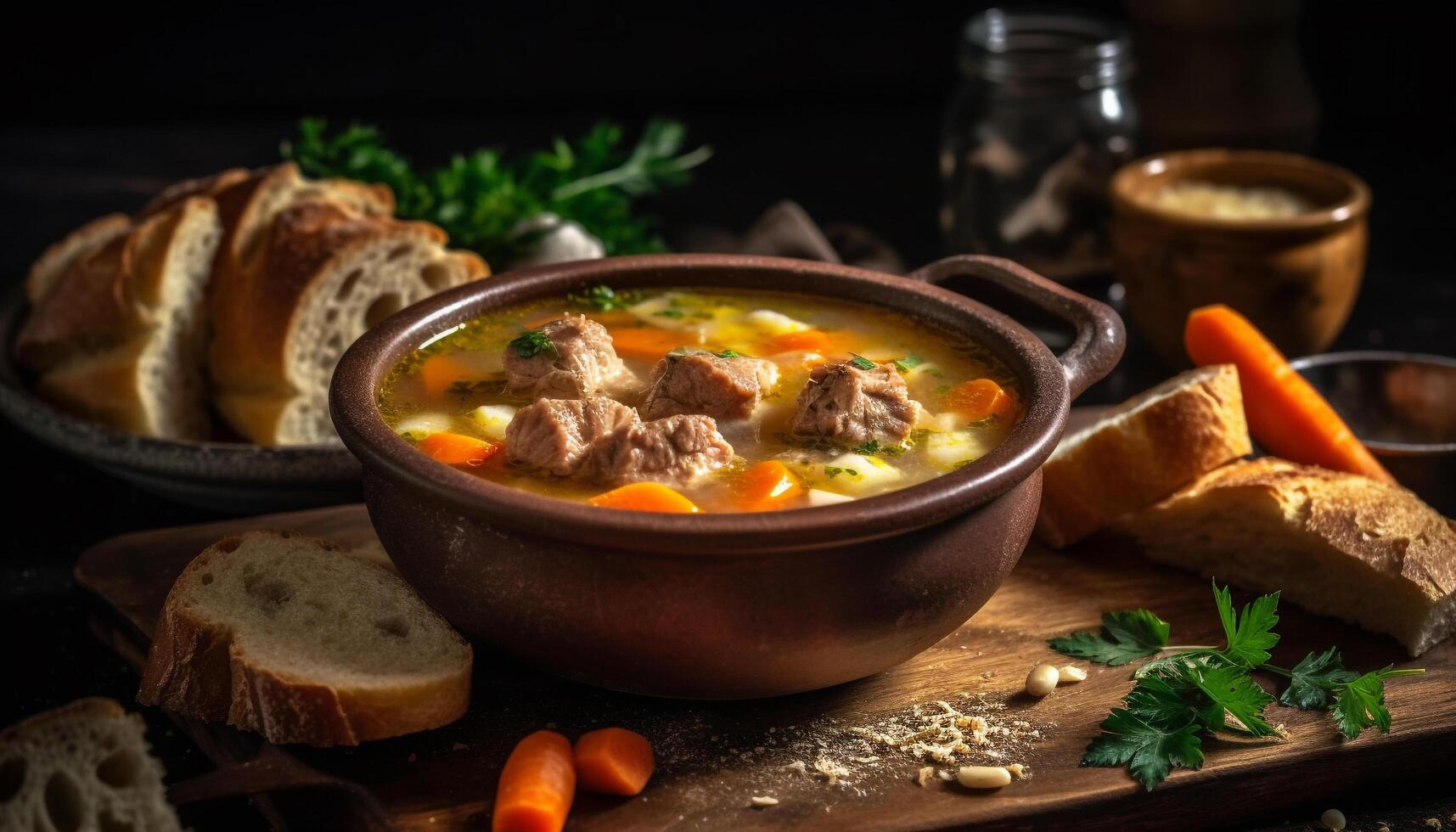 fatti in casa Manzo stufato, rustico pane, fresco prezzemolo generato di ai foto