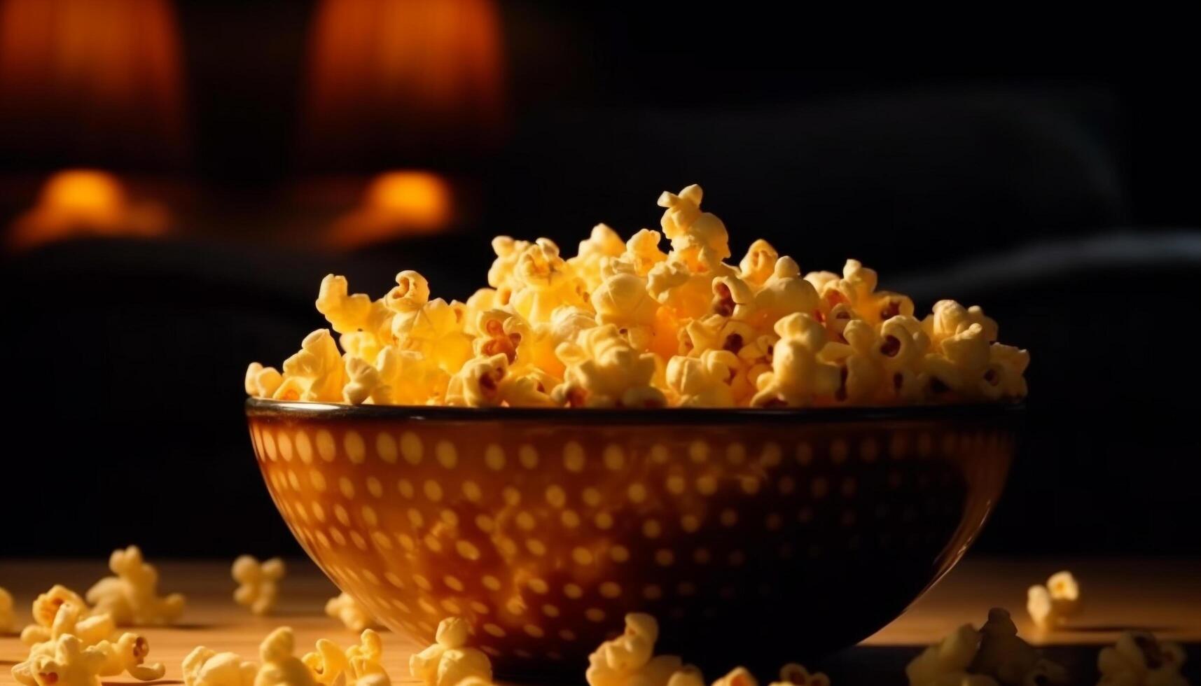 fresco Popcorn nel giallo ciotola per film notte generato di ai foto