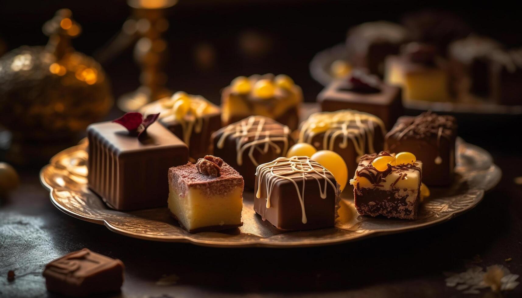 indulgente cioccolato tartufo piatto, buongustaio varietà merenda generato di ai foto