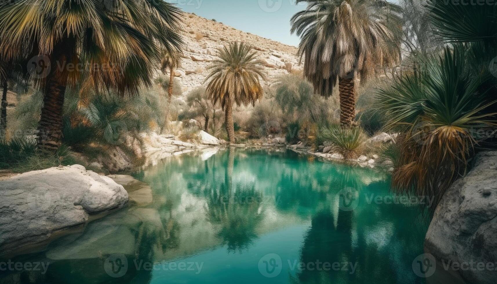 tranquillo scena di palma alberi di bordo piscina generato di ai foto