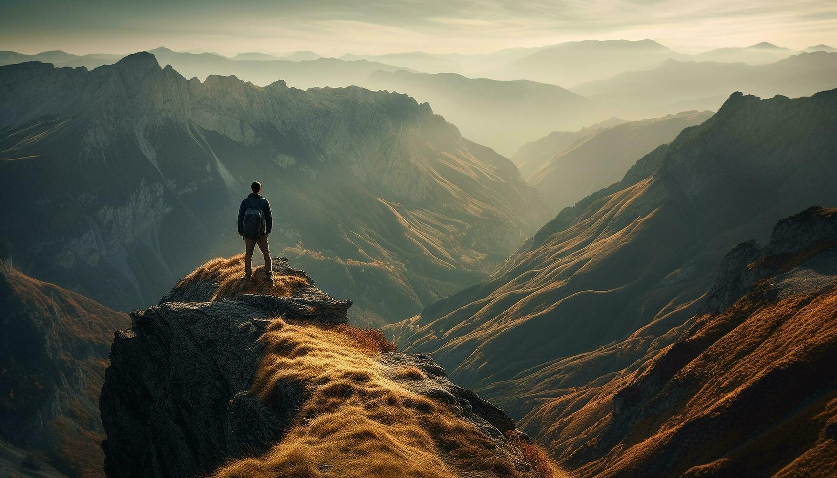 in piedi su montagna picco, realizzazione nel escursioni a piedi generato di ai foto