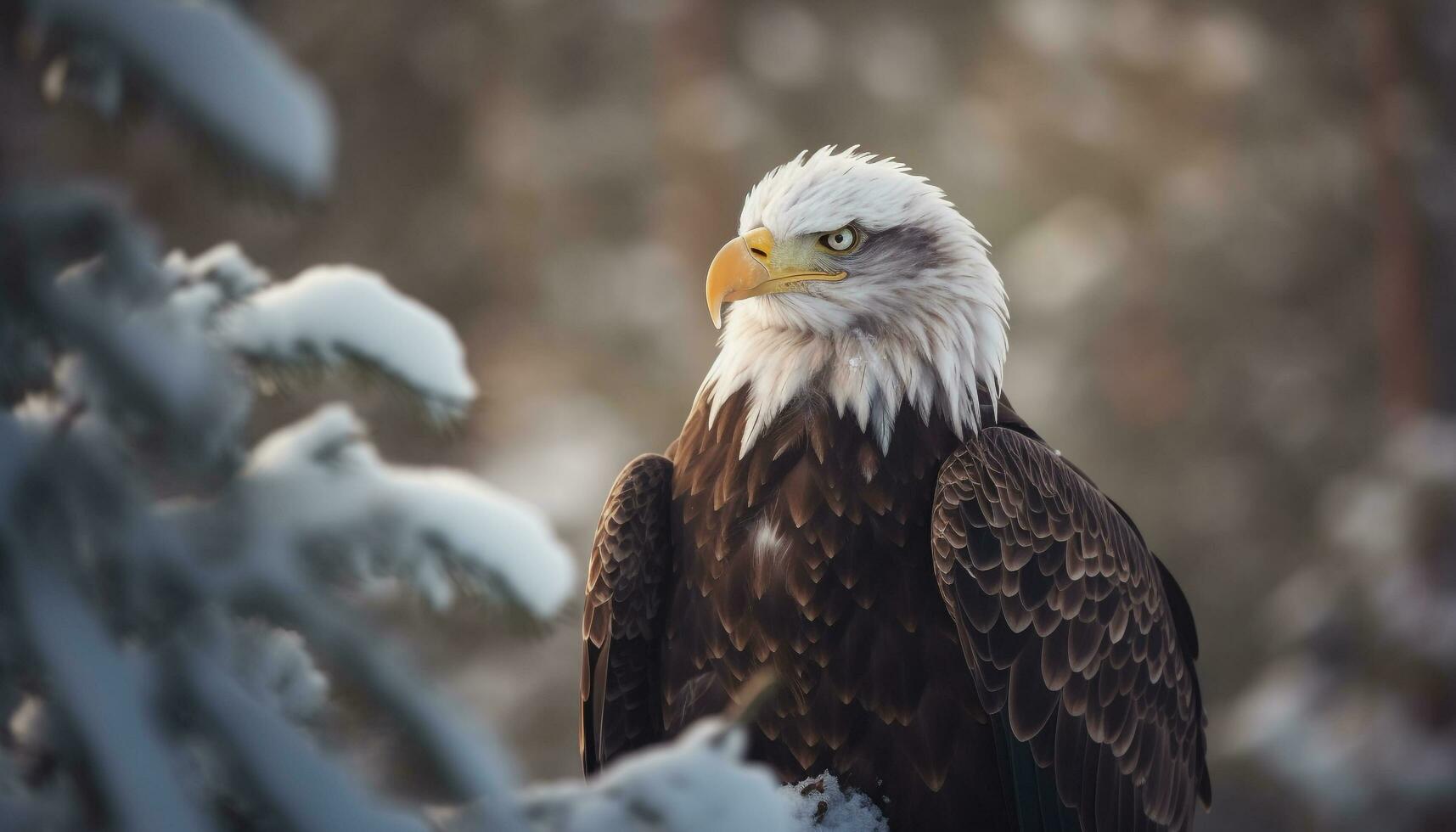 maestoso Calvo aquila perching su nevoso ramo generato di ai foto