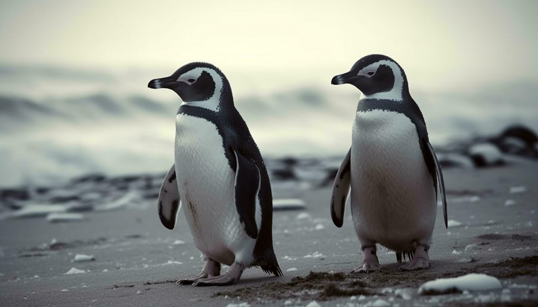 gentoo pinguini ondeggiante su nevoso antartico costa generativo ai foto