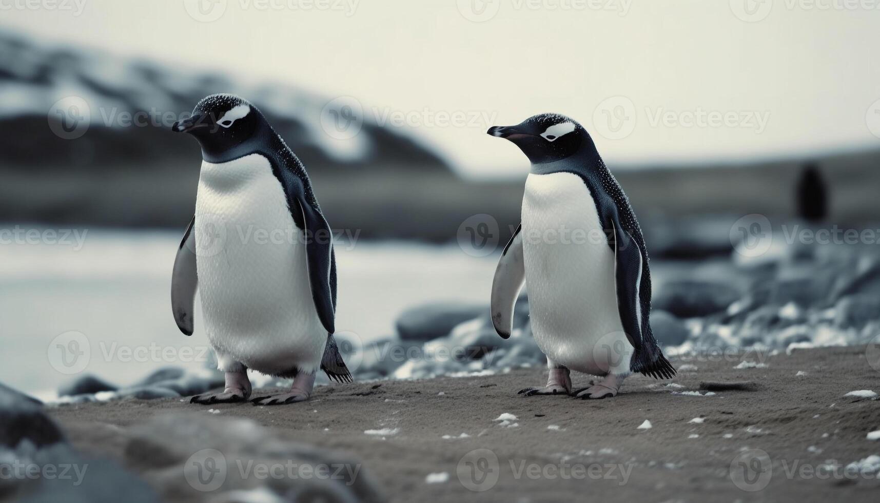 gentoo pinguini ondeggiante su nevoso antartico costa generativo ai foto