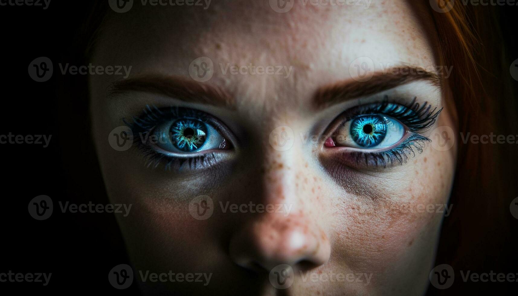 blu con gli occhi donne fissando a telecamera, bellezza catturato generativo ai foto