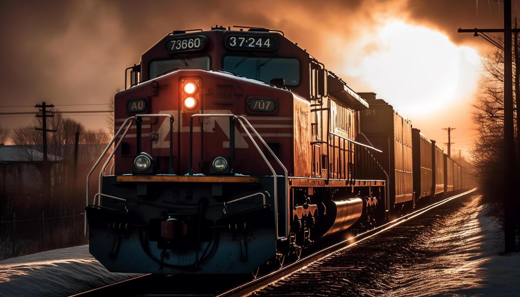 vapore treno velocità attraverso tramonto, trasporto nolo generativo ai foto