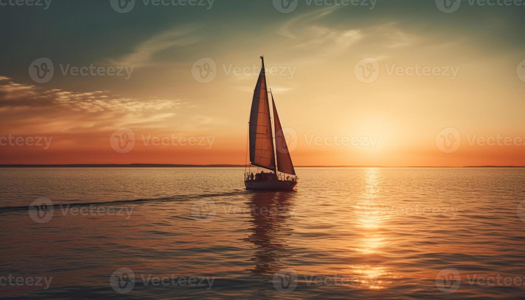 barca a vela silhouette scivola su tranquillo orizzonte al di sopra di acqua generato di ai foto