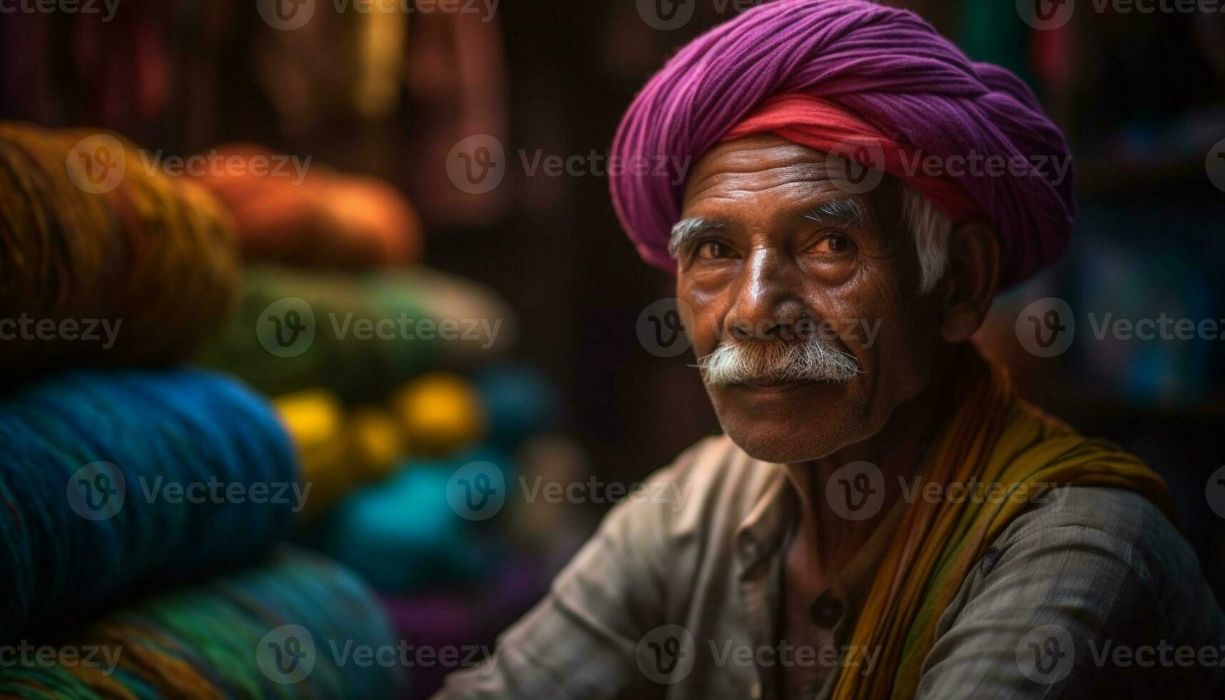 sorridente anziano indiano uomo nel colorato turbante generato di ai foto