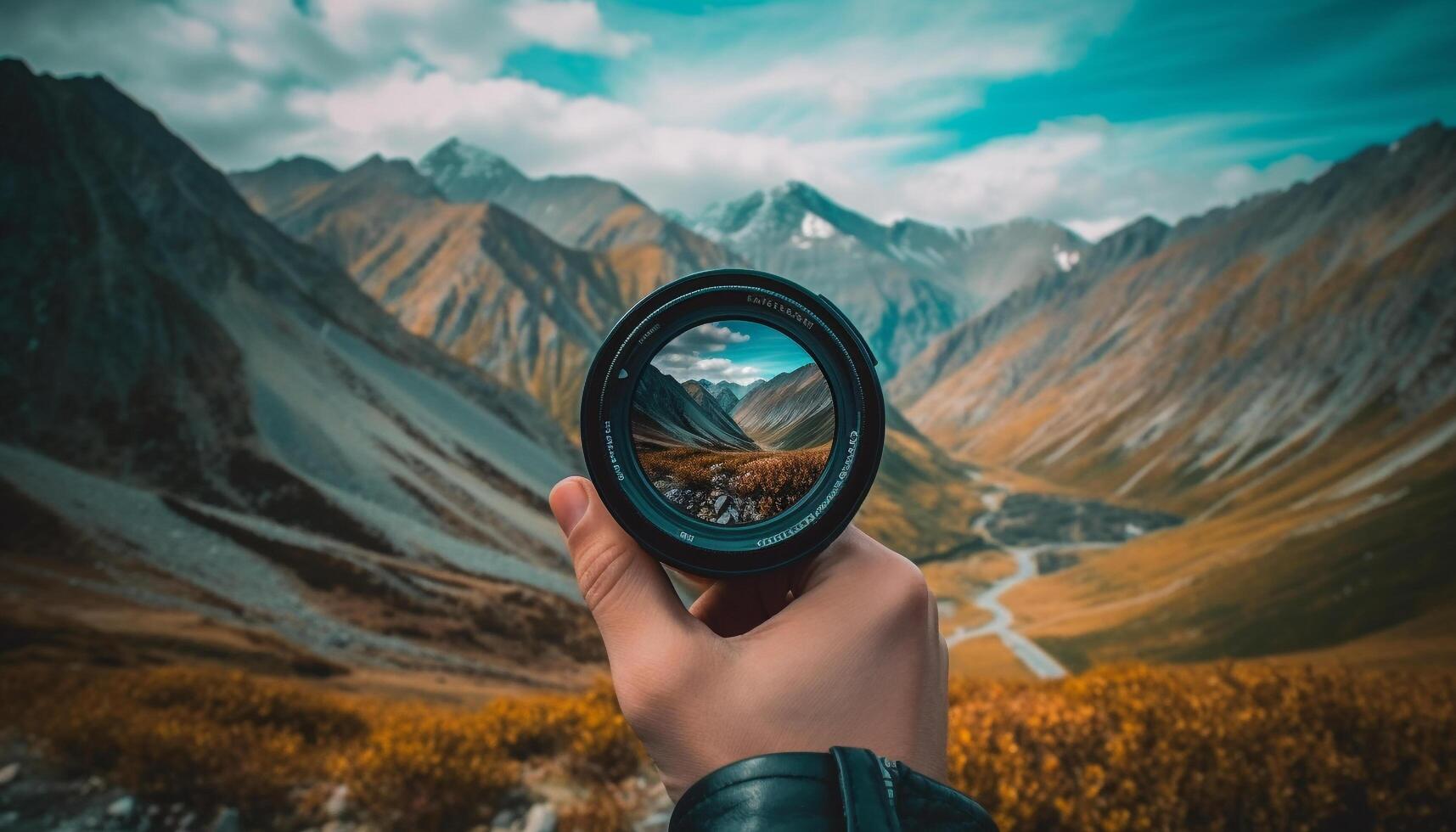 uno persona Tenere telecamera Fotografare montagna picco generato di ai foto