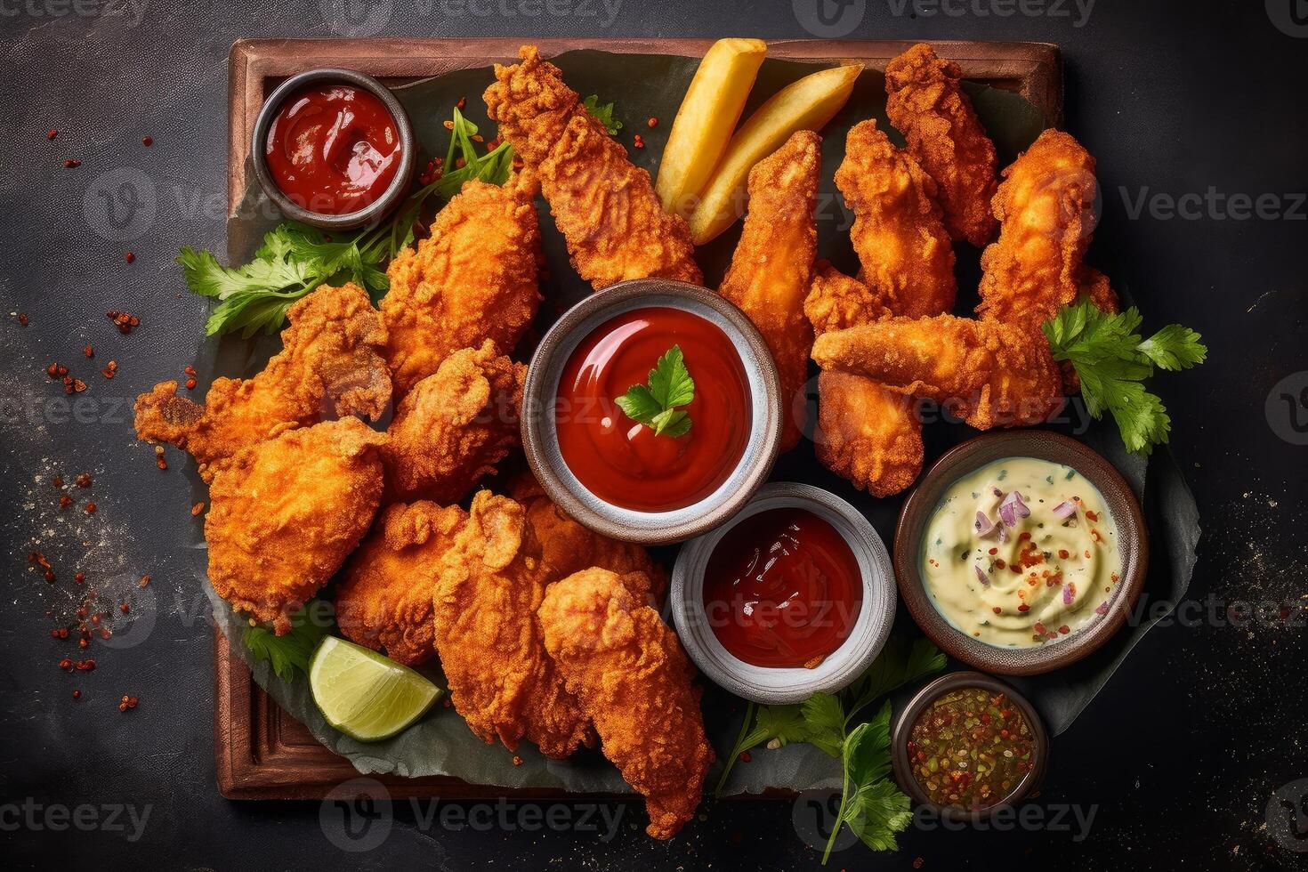 delizioso piatto di croccante fritte pollo con un' varietà di immersione salse. generativo ai foto