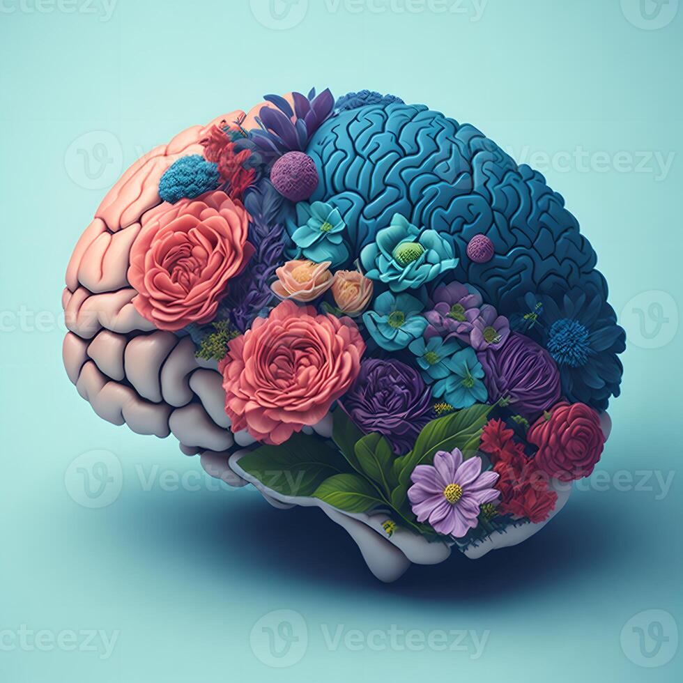 umano cervello con fiori, mentale Salute e automedicazione idea, ottimista prospettiva, inventiva mente, ai generato foto