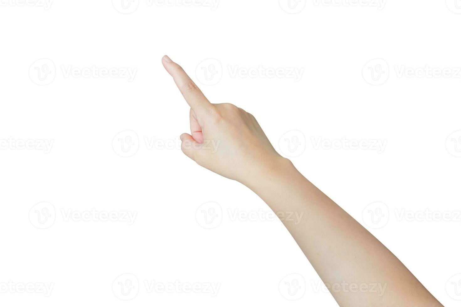 femmina mano toccante o puntamento per qualcosa isolato su bianca sfondo foto