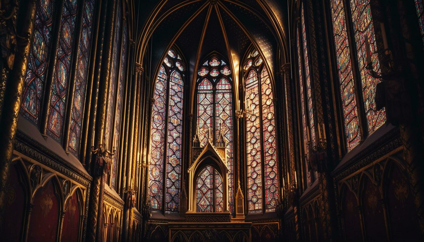 macchiato bicchiere si illumina maestoso Gotico Cattedrale interno generato di ai foto