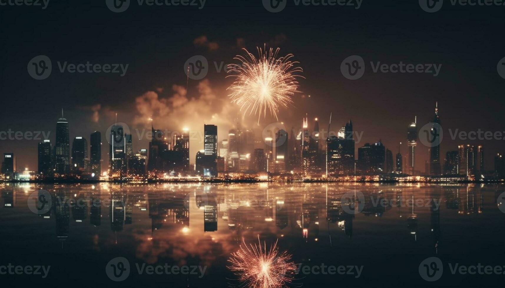 città orizzonte si accende con vivace fuoco d'artificio Schermo generato di ai foto