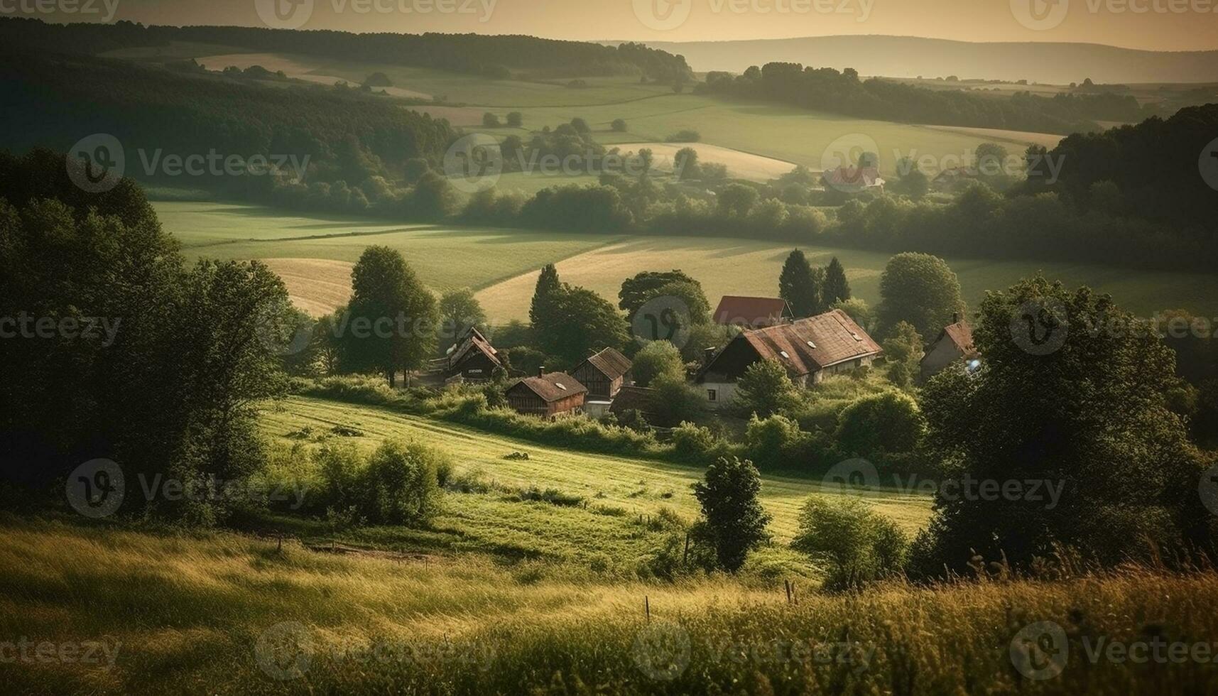 tranquillo tramonto al di sopra di rustico italiano agriturismo nel panoramico paesaggio Visualizza generato di ai foto