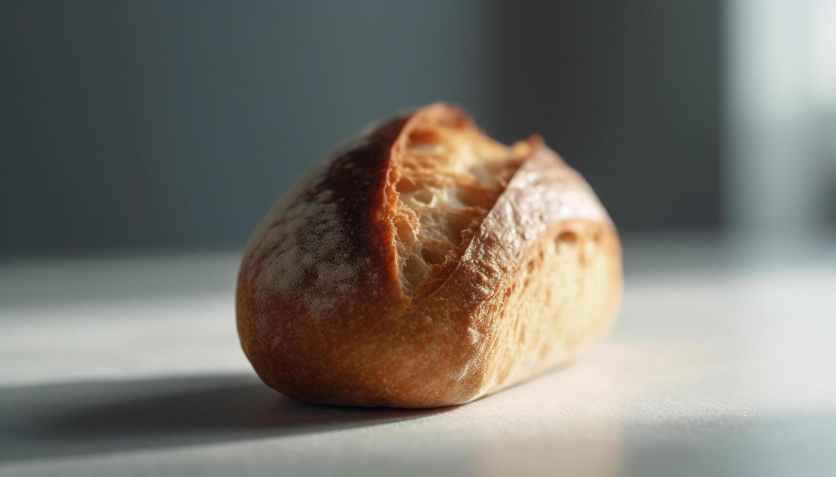 un' appena al forno baguette su un' tavolo, Perfetto per pranzo generato di ai foto