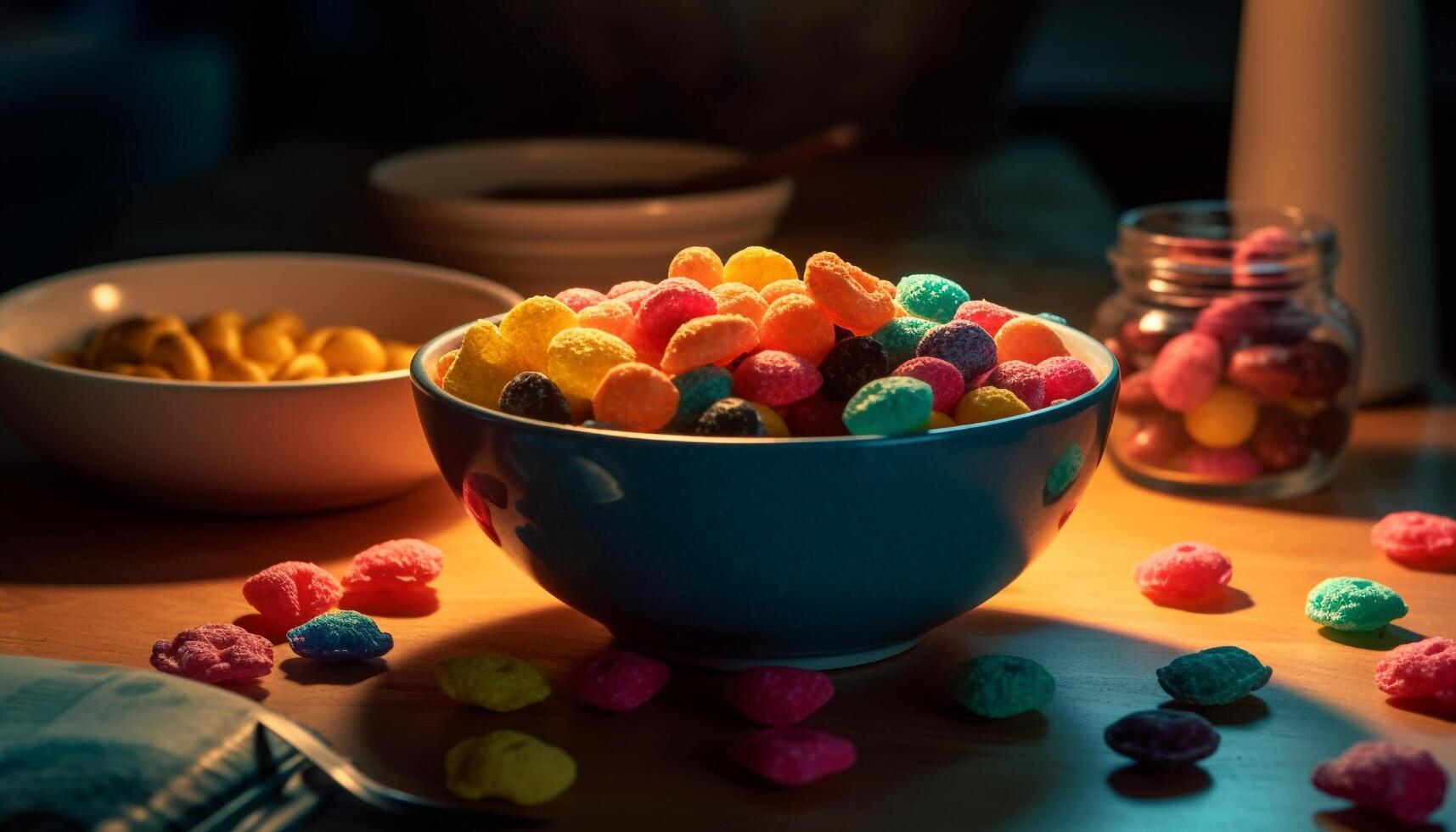 un' colorato buongustaio dolce ciotola con dolce caramella e frutta generato di ai foto