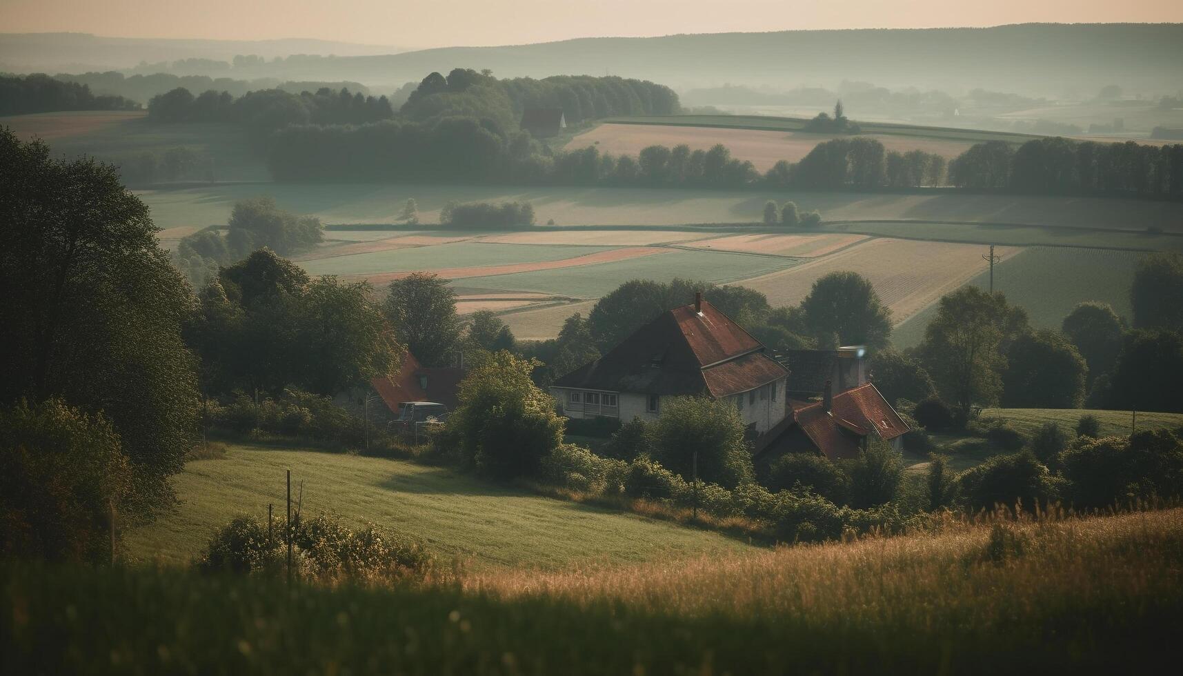 tranquillo tramonto al di sopra di idilliaco rurale azienda agricola, circondato di natura bellezza generato di ai foto