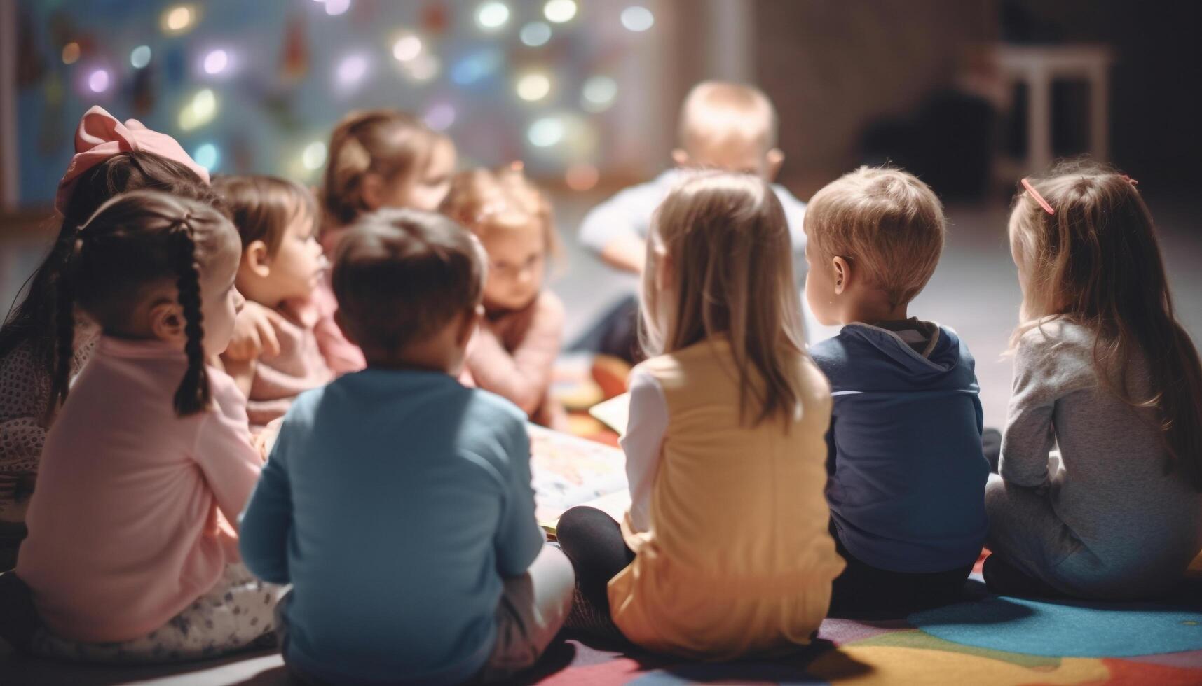 un' gioioso gruppo di bambini giocando e apprendimento insieme in casa generato di ai foto