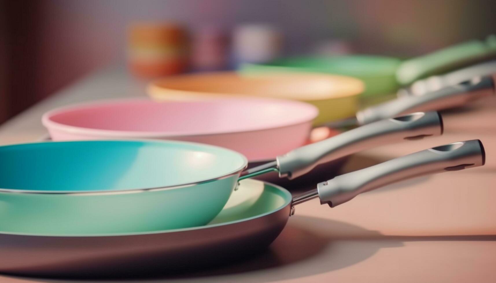 fresco pranzo preparato con metallico spatola nel giallo cucinando padella generato di ai foto