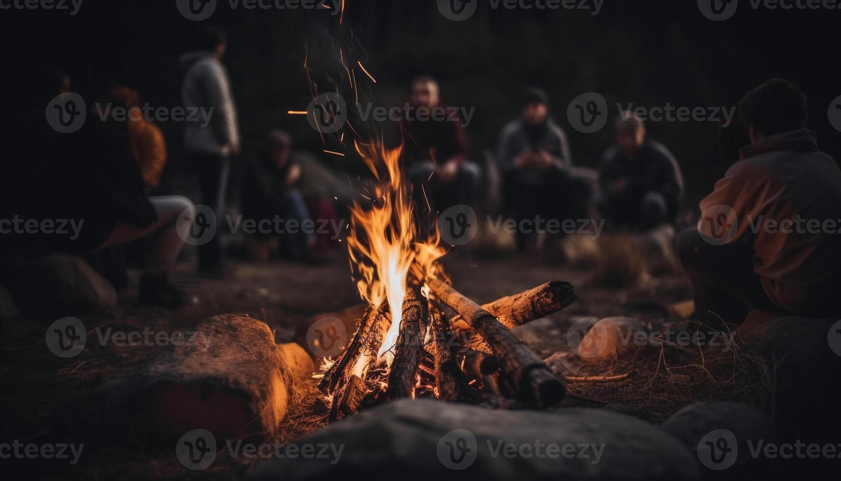 seduta all'aperto, donne e uomini godere fuoco da campo, cucinando cibo, rilassamento generato di ai foto