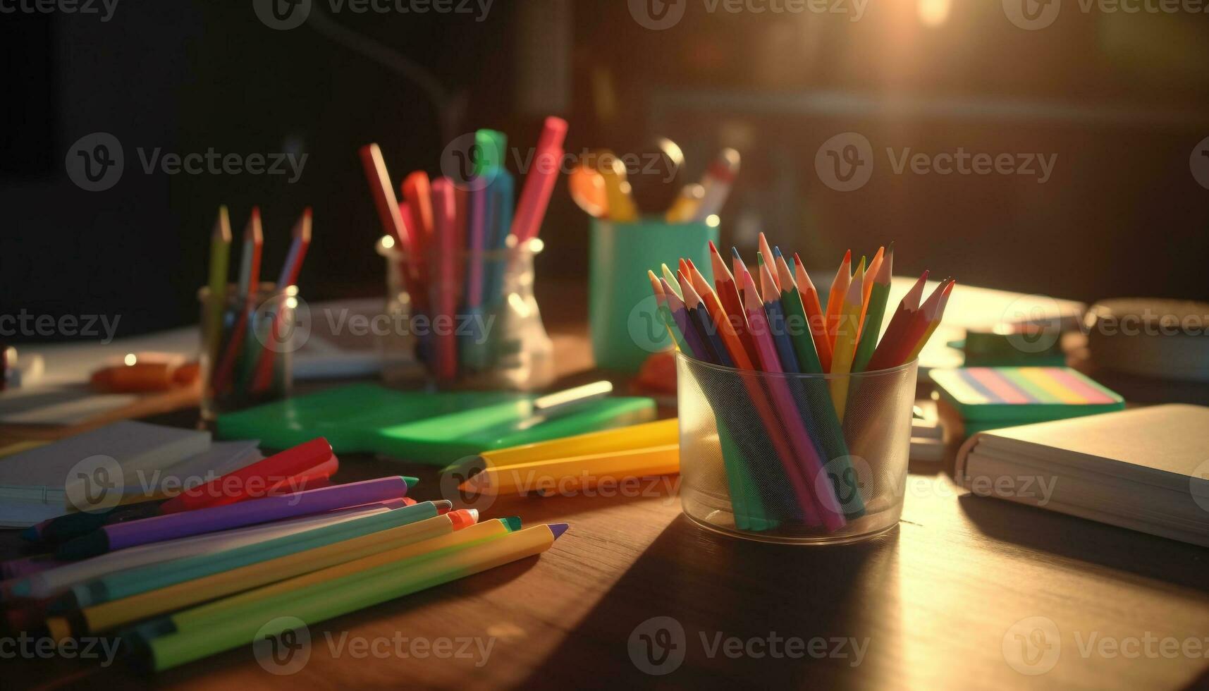 un' colorato pila di matite e pastelli su un' di legno tavolo generato di ai foto