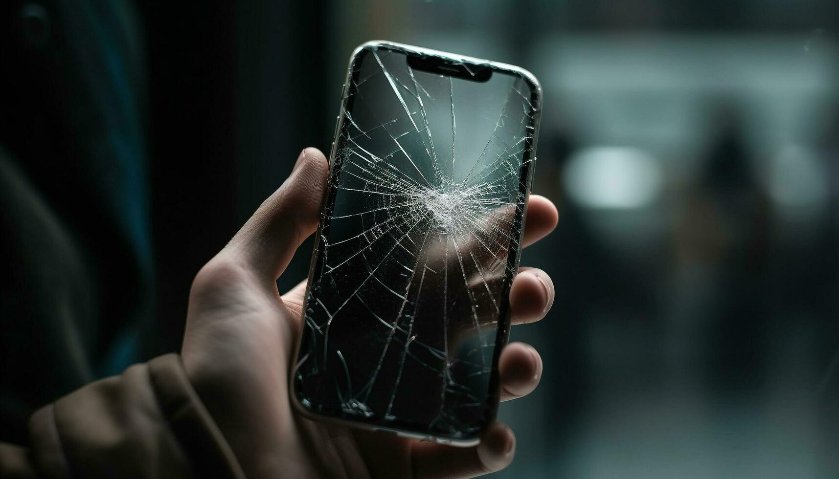rotto inteligente Telefono nel mano, distrutto bicchiere, comunicazione rottura generato di ai foto