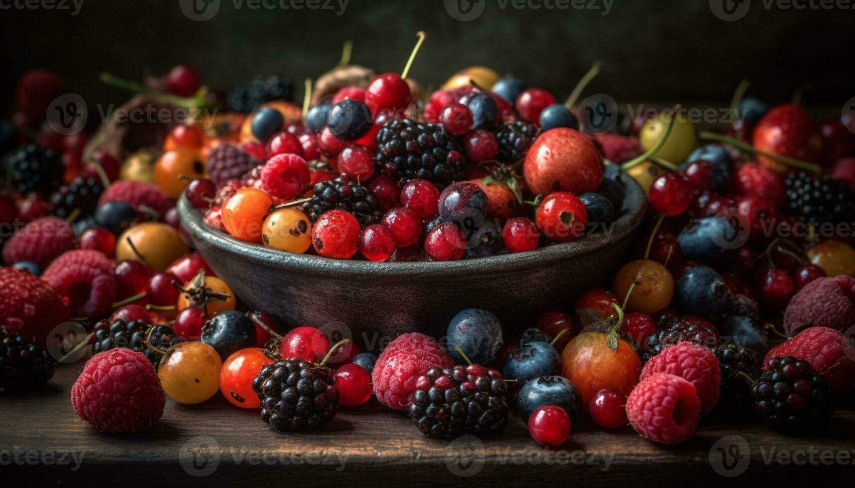 un' rustico ciotola di succoso, Multi colorato bacca frutta per dolce generato di ai foto