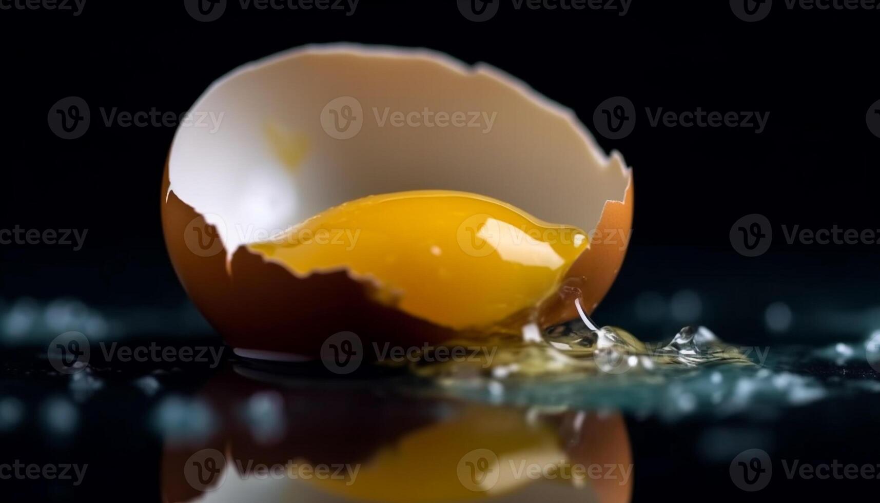 fragile guscio d'uovo pause, rivelatrice fresco giallo proteina per salutare mangiare generato di ai foto