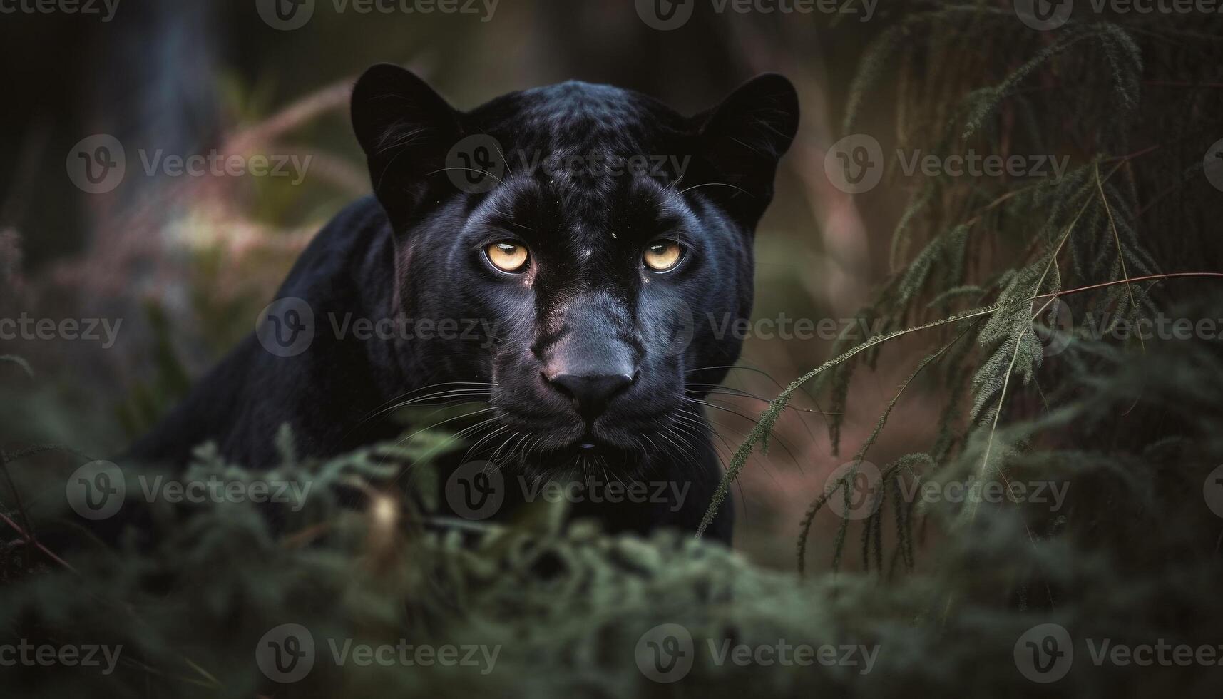 un' carino felino con nero pelliccia fissando a il telecamera generato di ai foto