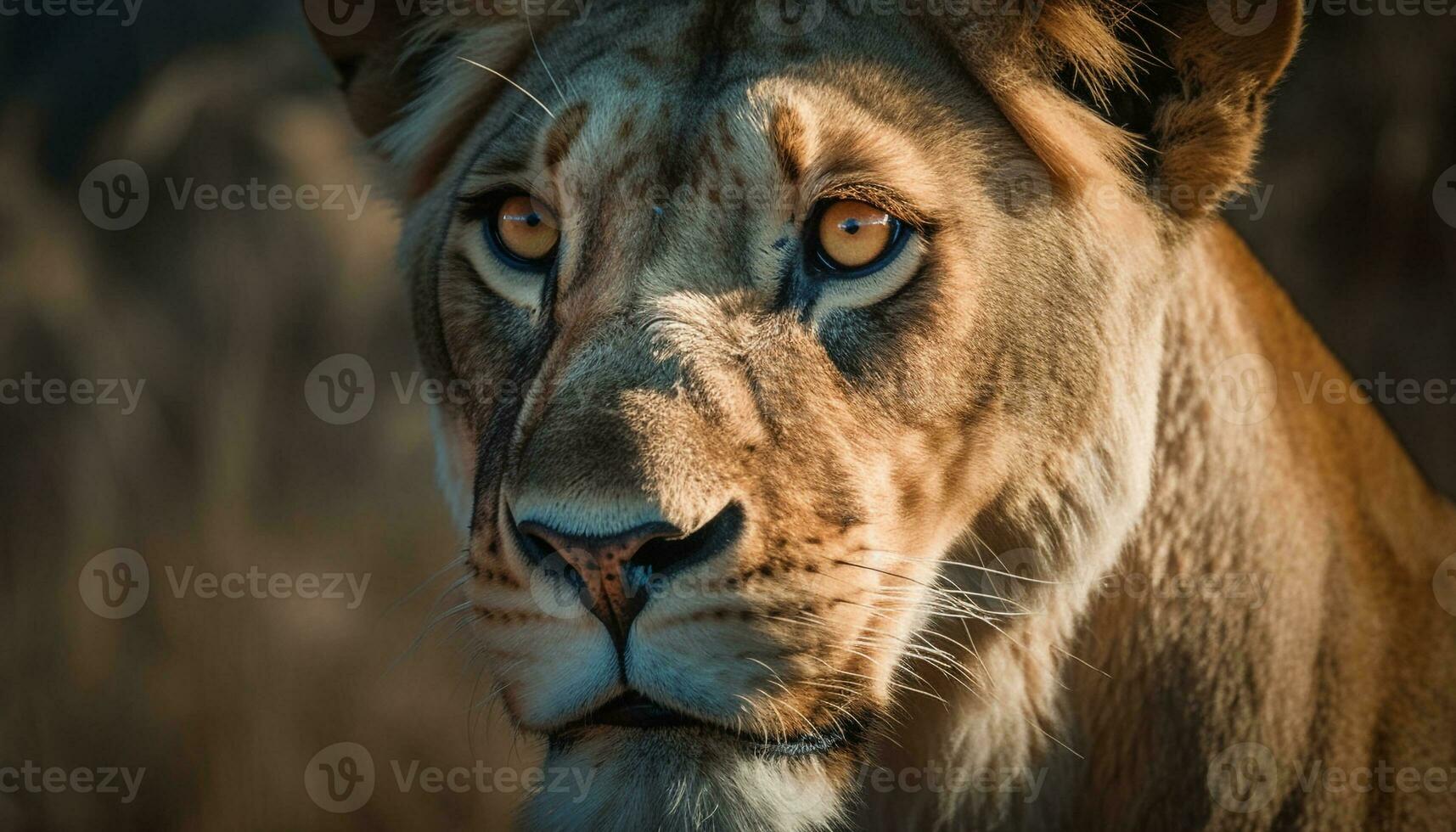 il maestoso leonessa fissa, mettere in guardia, nel il africano natura selvaggia generato di ai foto