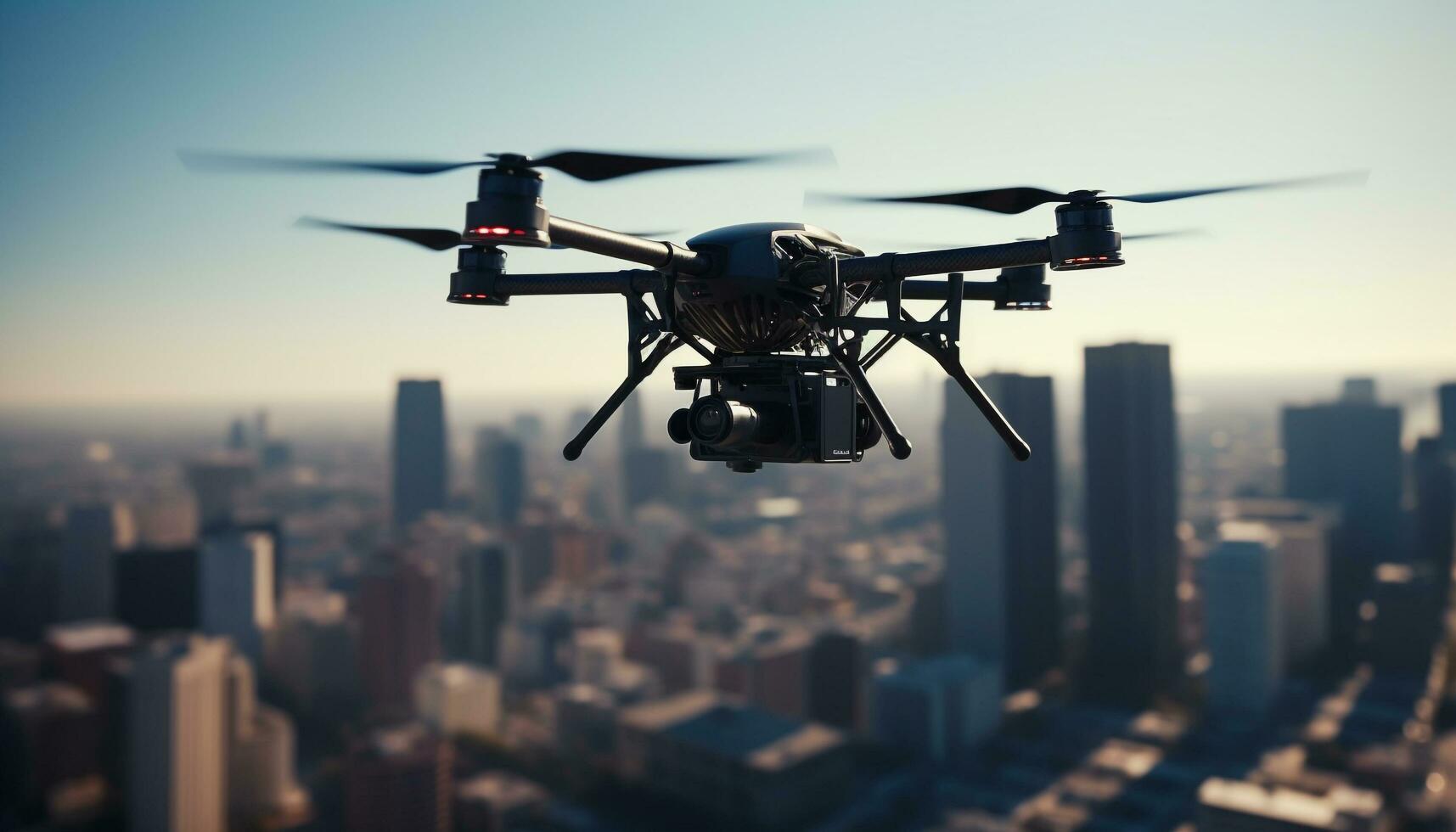 futuristico elicottero librarsi medio aria, attrezzata con sorveglianza telecamera tecnologia generato di ai foto