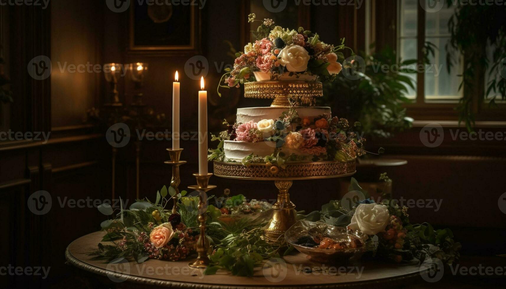 un' lussuoso nozze celebrazione con buongustaio dolci, lume di candela, e eleganza generato di ai foto