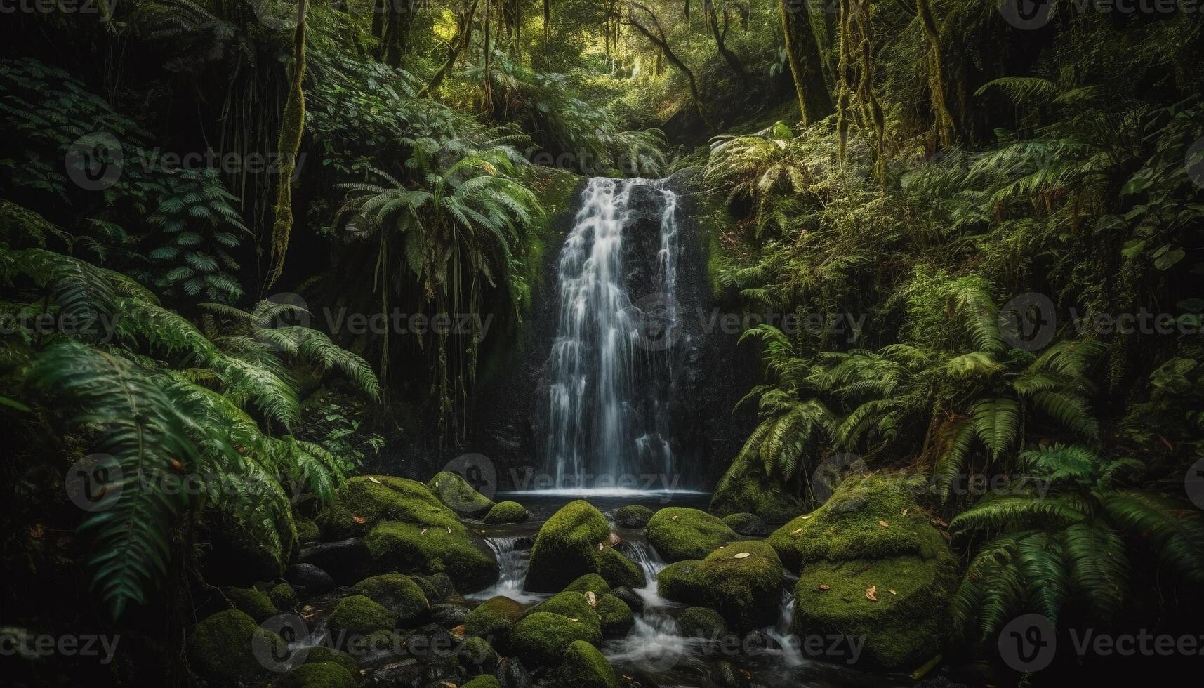 tranquillo scena di un' tropicale foresta pluviale con fluente acqua Paradiso generato di ai foto