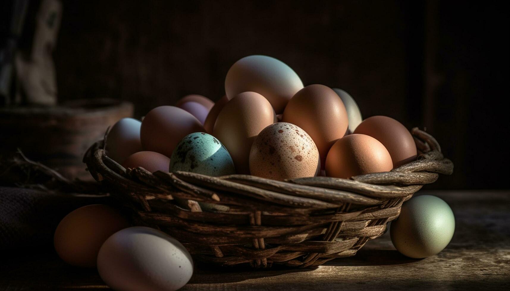 rustico cestino di biologico uova, un' simbolo di primavera celebrazione generato di ai foto