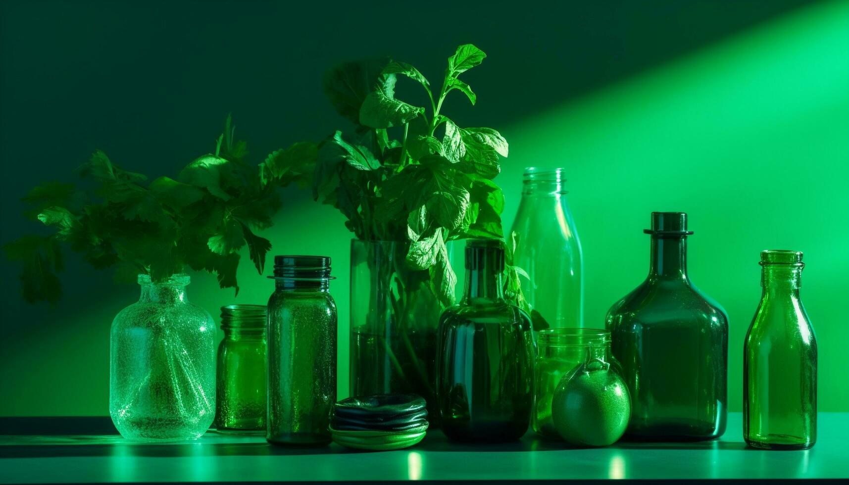 scienziato laboratorio collezione bicchiere bicchieri, boccette, e fiale di sostanze chimiche generato di ai foto