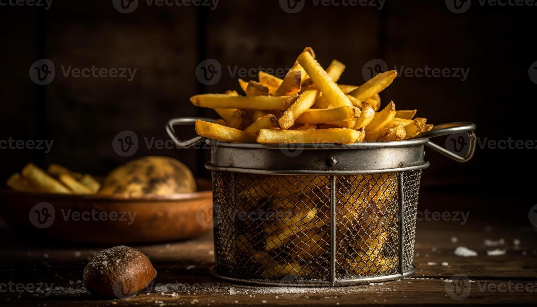 un' rustico pasto di in profondità fritte francese patatine fritte su un' di legno tavolo generato di ai foto