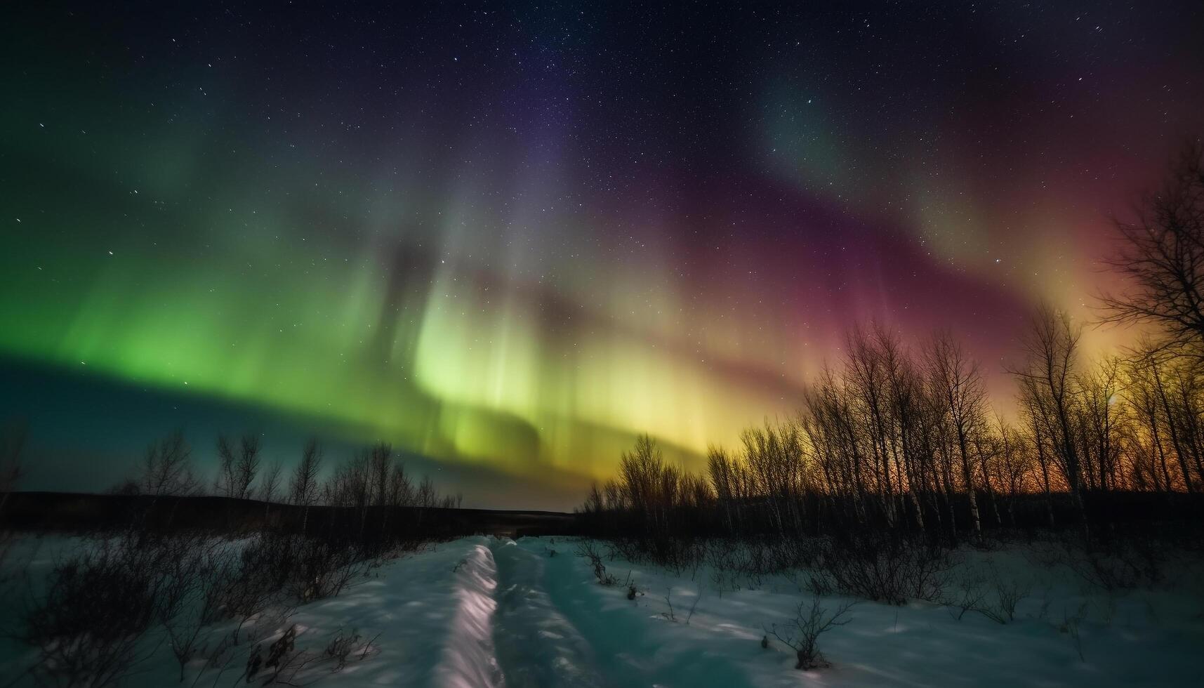 notte cielo illuminato di aurora polaris, neve e stellato galassia generato di ai foto