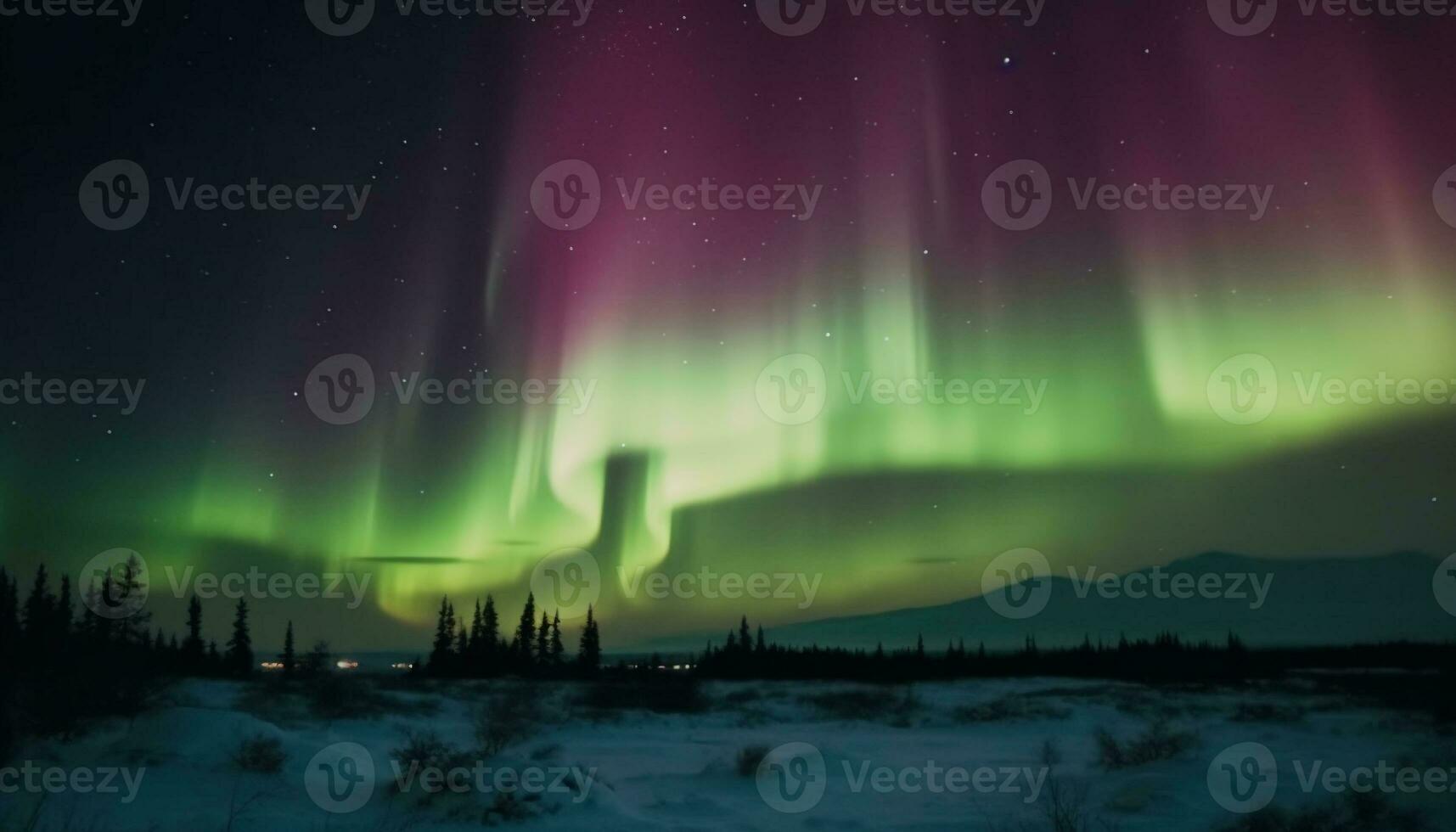silhouette di maestoso alberi illuminato di vivace aurora polaris generato di ai foto