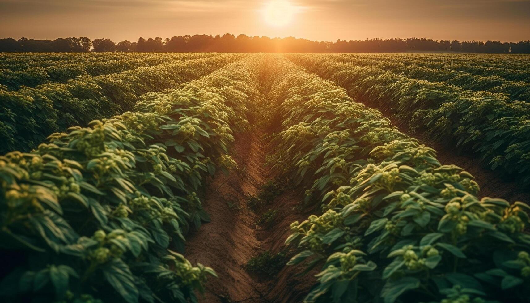 maturo verdure nel un' riga, retroilluminato di tramonto bellezza generato di ai foto