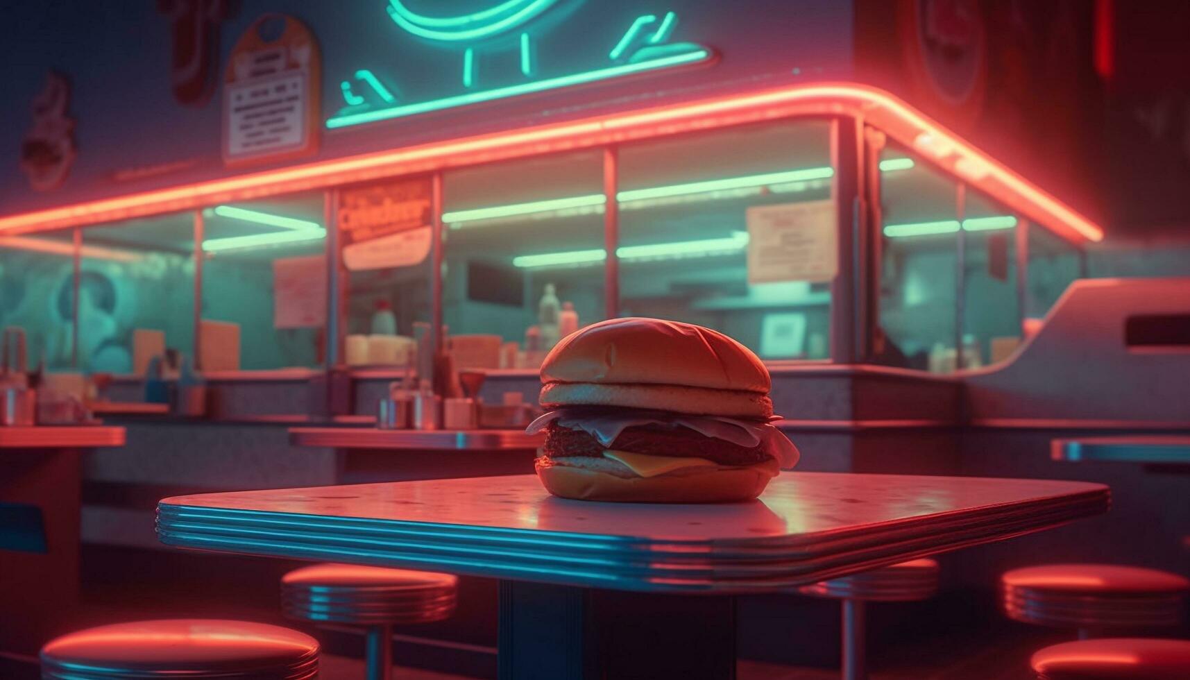 in ritardo notte buongustaio hamburger e patatine fritte a moderno città commensale generato di ai foto