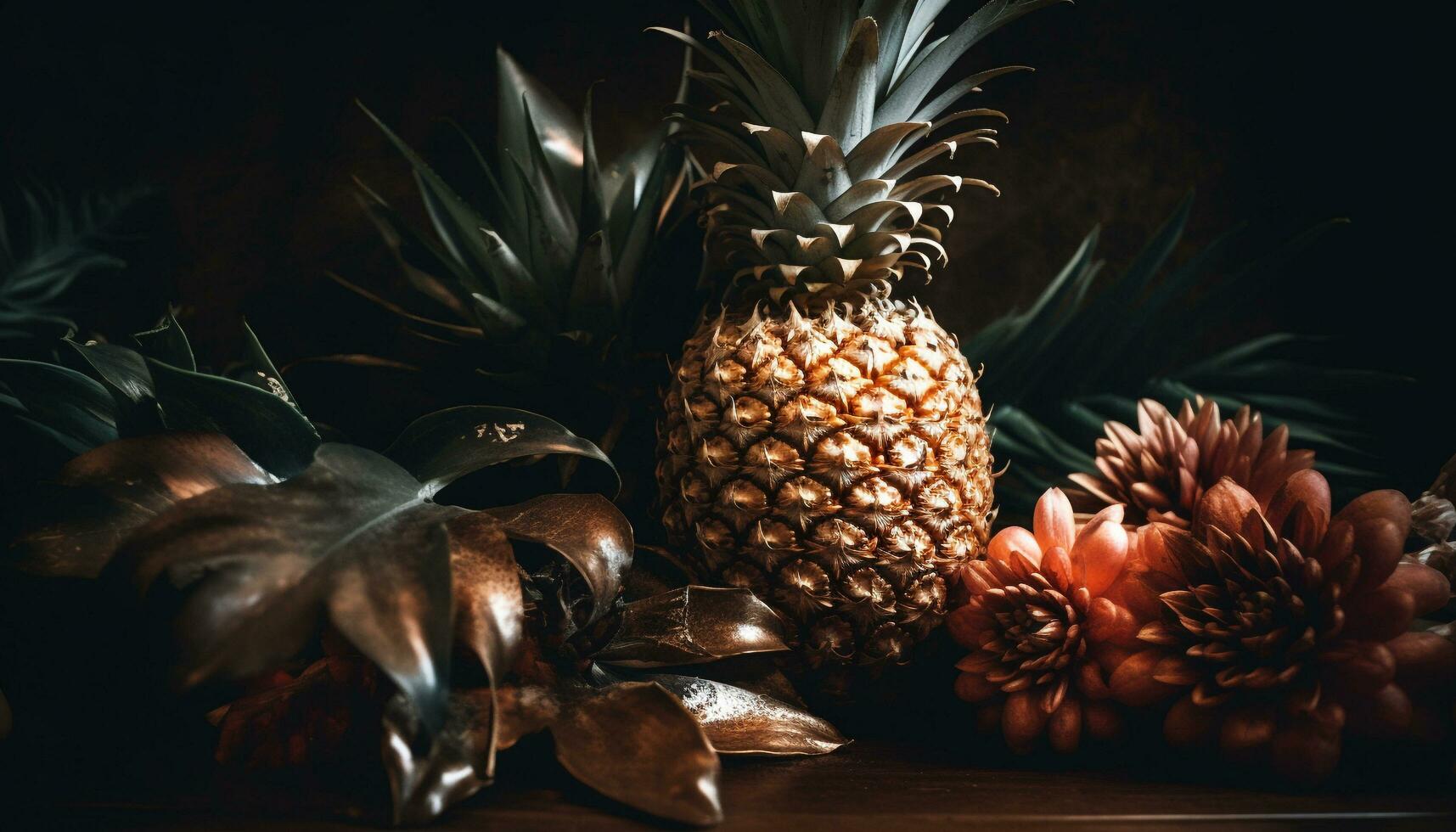 fresco ananas fetta su di legno tavolo, un' tropicale estate merenda generato di ai foto