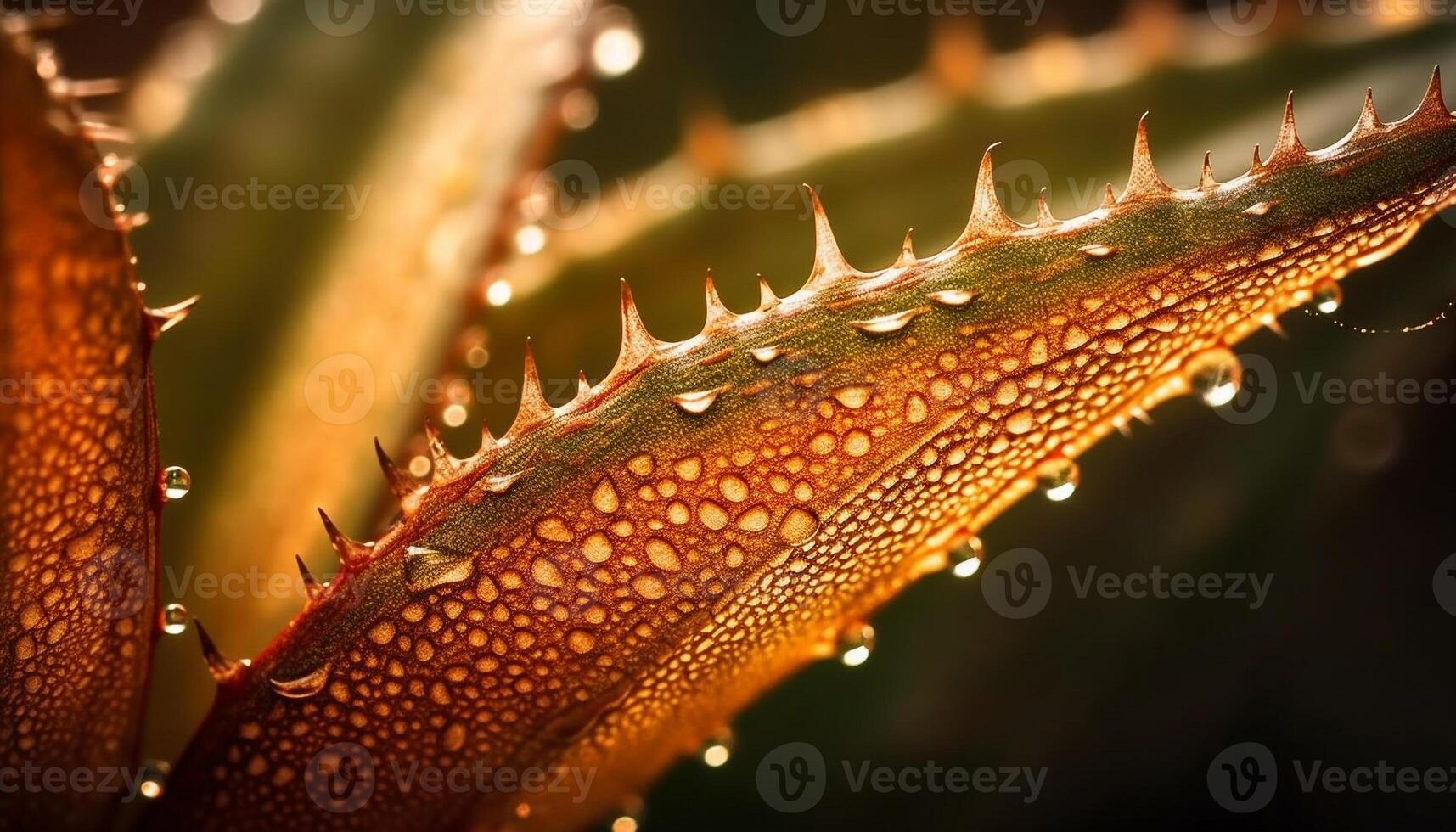 acuto spina su bagnato foglia, ingrandita far cadere riflette bellezza nel natura generato di ai foto