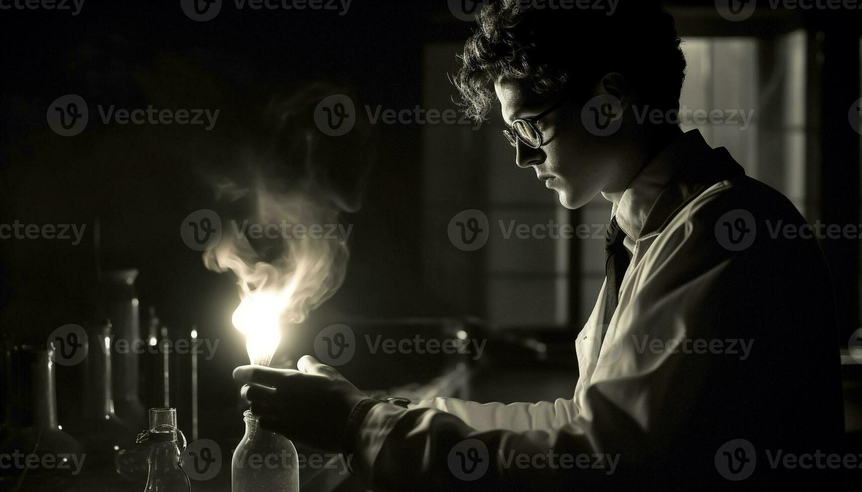 uno scienziato Tenere fiamma, concentrandosi su ardente liquido in casa generato di ai foto