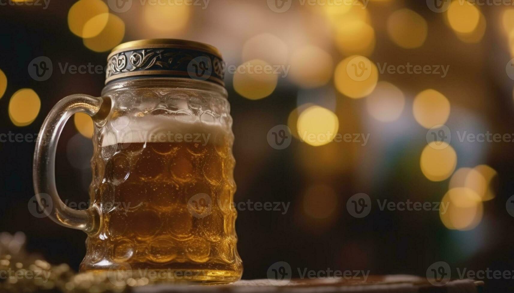 d'oro birra nel schiumoso pinta bicchiere si illumina buio pub notte generato di ai foto